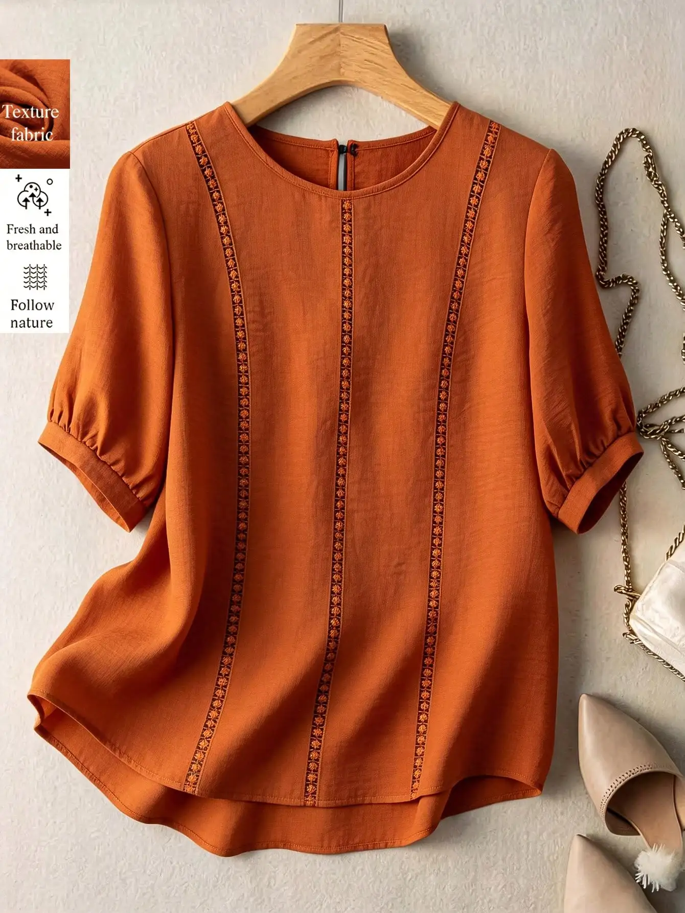 

Оранжевая женская блузка с пышными рукавами, свободного кроя, с вышивкой