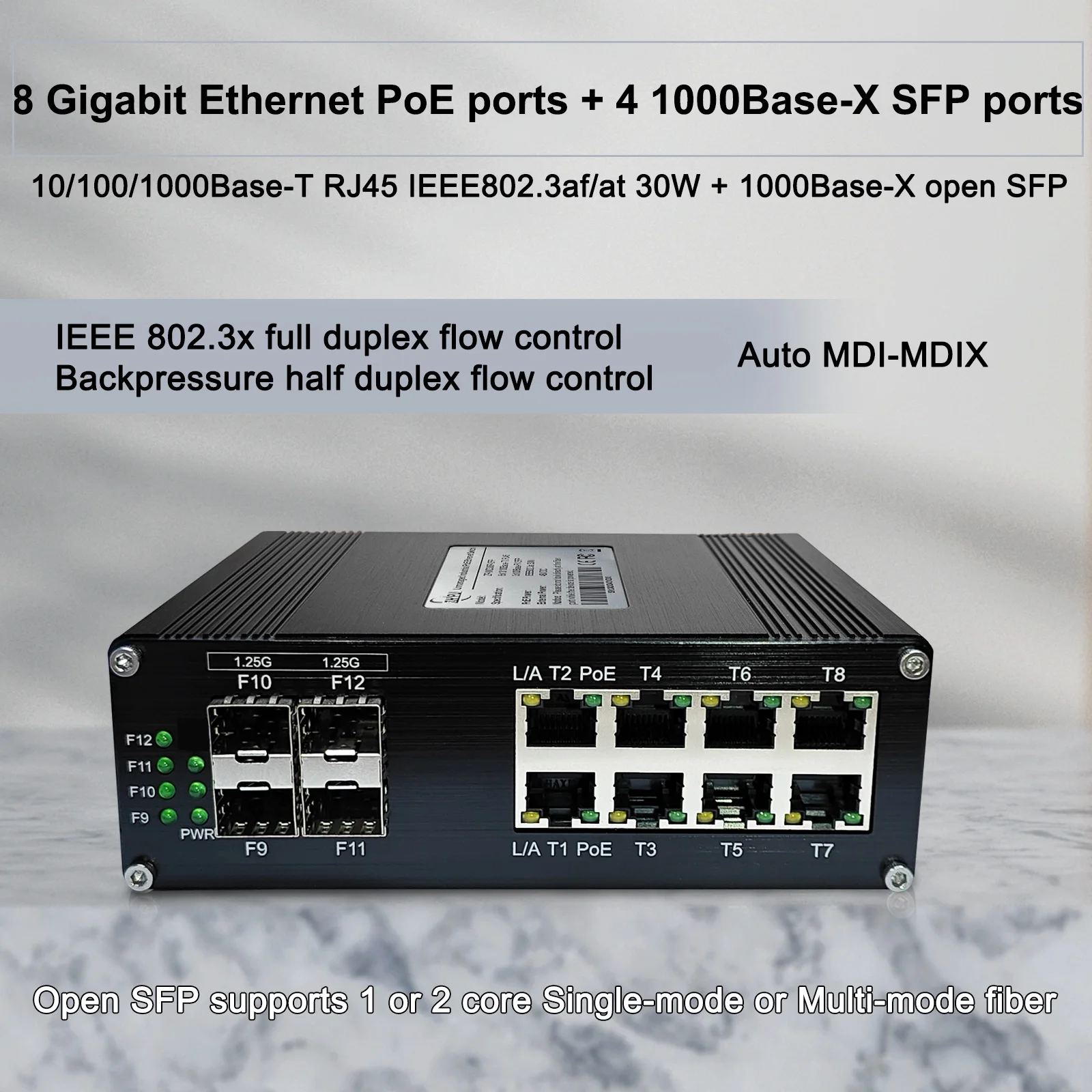 Commutateur Ethernet industriel PoE à 8 ports, rail DIN, avec 4 fentes de déchets 1000Base-X, stérilisation IEEESterilisation 3PG/at 30W jusqu'à 240W 10/100/1000Mbps