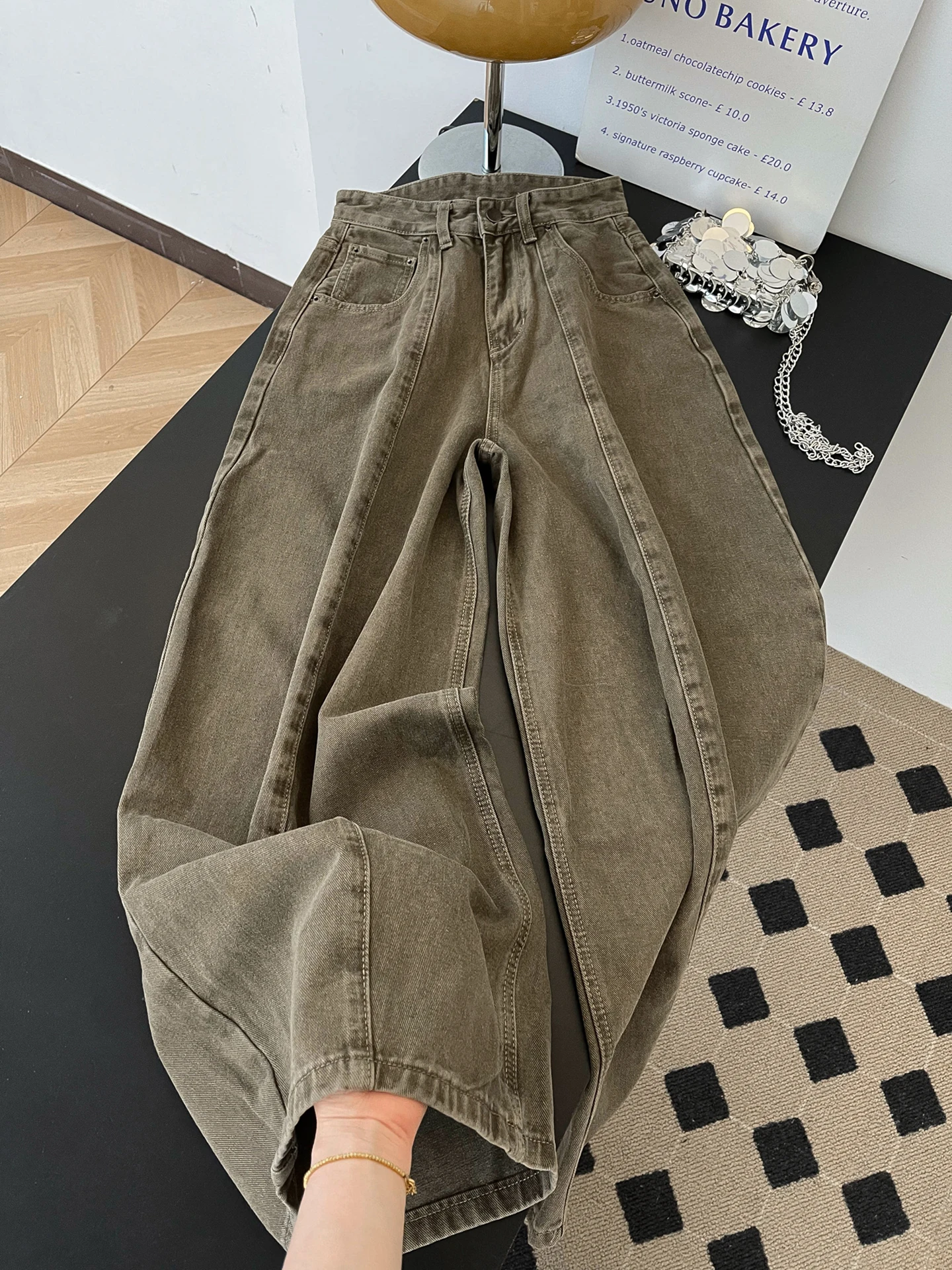 

Американские ретро-джинсы с высокой талией, свободные, женские, весенние, с эффектом потертости, широкие штанины, свободный крой, длина в пол, повседневные