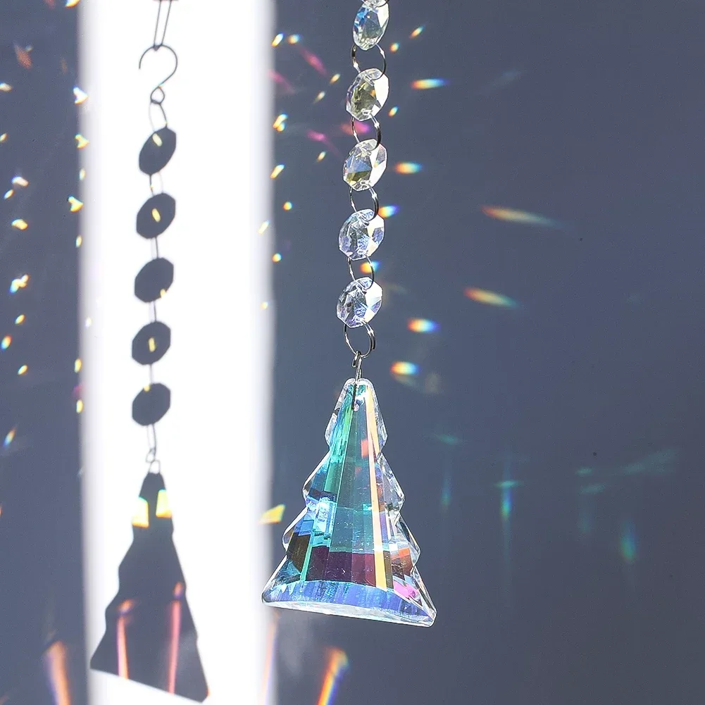 Christmas Tree Crystal Pendant AB Coloured Glass Prism Bead Chain Rainbow Pendant Window Home Garden Wedding Decoration