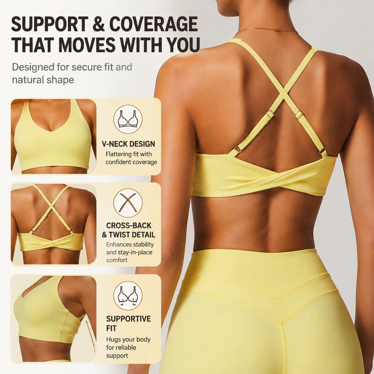 Women's Adjustable Cross-Back Sports Bra - V-Neck Ruched Back Yoga Gym Top, Multiple Colors, S-XL