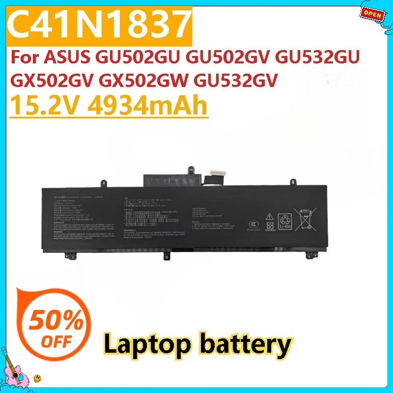 

Совершенно новый сменный аккумулятор для ноутбука C41N1837 15,2 В 4934 мАч для ASUS GU502GU GU502GV GU532GU GX502GV GX502GW GU532GV