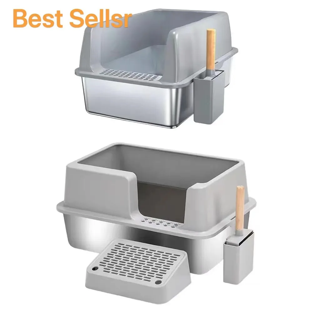 Stainless Steel and Plastic Pet Toilet Sandbox Scoop Semi Closed High Side Cat Litter Tray Cat Litter Box Accessory