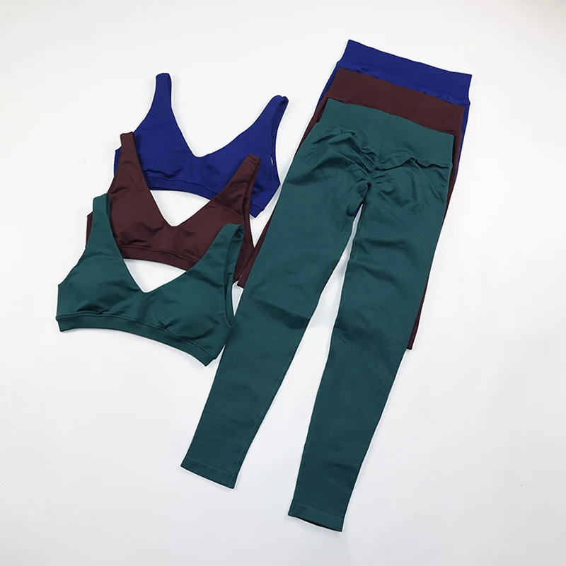 Seamless Yoga Set Women Gym Suit Scoop Back Sports Bra Scrunch Butt Leggings 2 Piece Workout Sets Fitness Clothing
