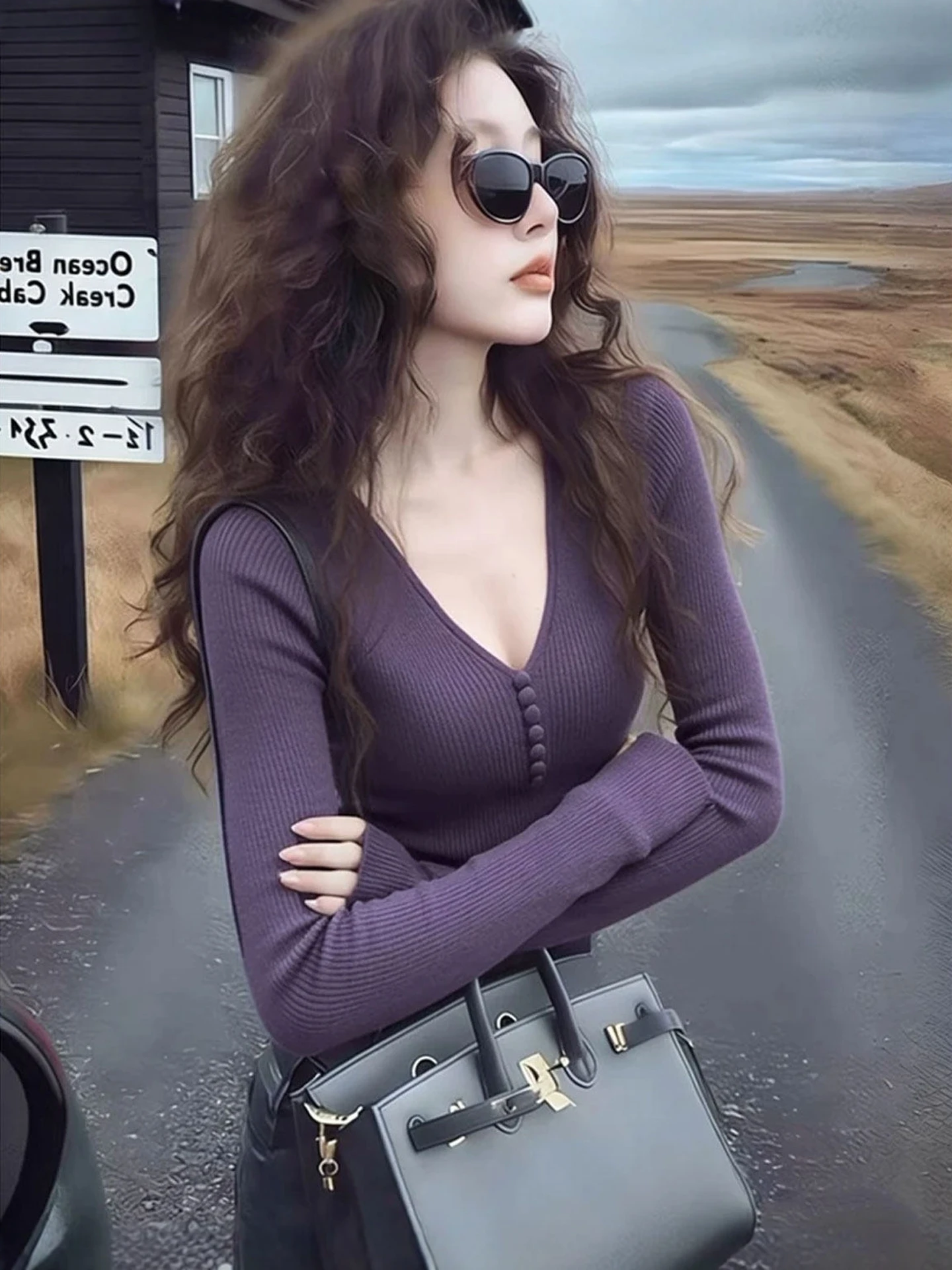 

Фиолетовый вязаный свитер с V-образным вырезом и длинными рукавами для женщин, облегающий базовый топ больших размеров, удобный, дышащий, повседневный