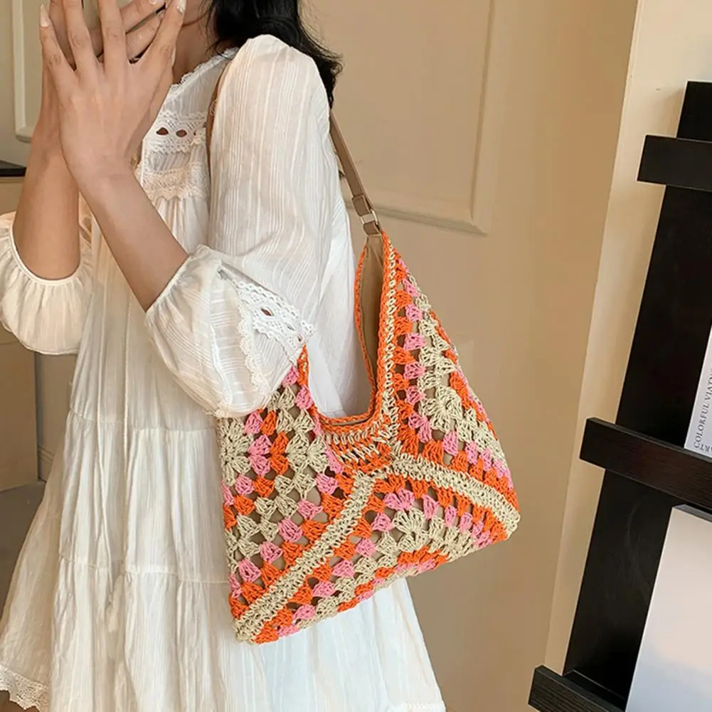 Лето 2025 года, соломенная вязаная сумка, ажурная большая сумка, однотонная пляжная сумка на плечо, праздничная дорожная сумка, кошелек на плечо в стиле бохо
