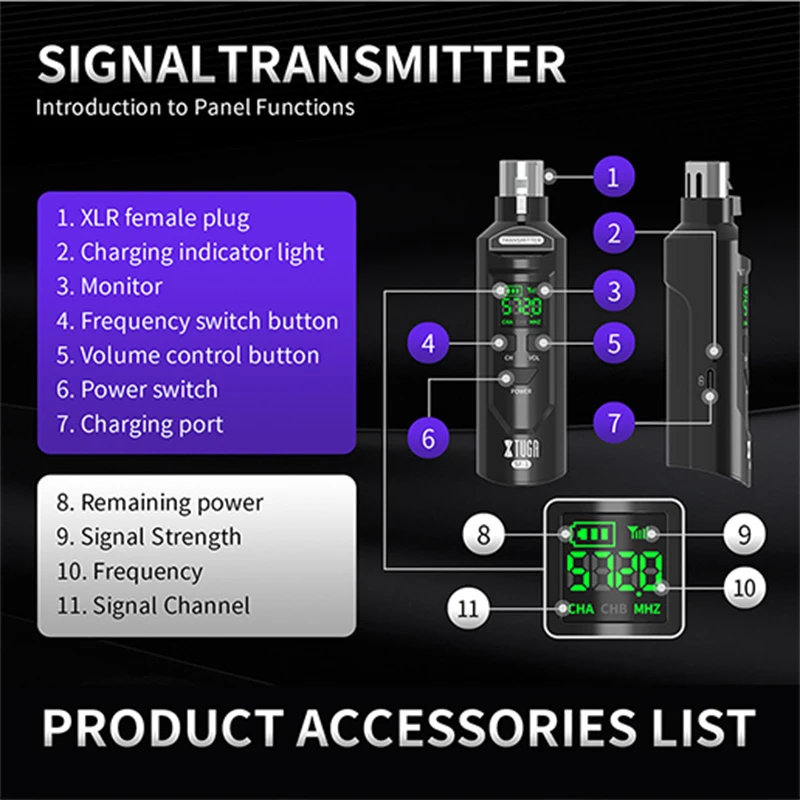 XTUGA SF-1 UHF Professional Microphone Wireless Converter XLR Adapter Rechargeable Battery For Dynamic/Capacitive Microphones