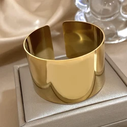 Minimalist Stainless Steel Wide Cuff Bracelets Bangles for Women Glossy Chunky Gold Silver Color Open Bangle Waterproof Jewelry