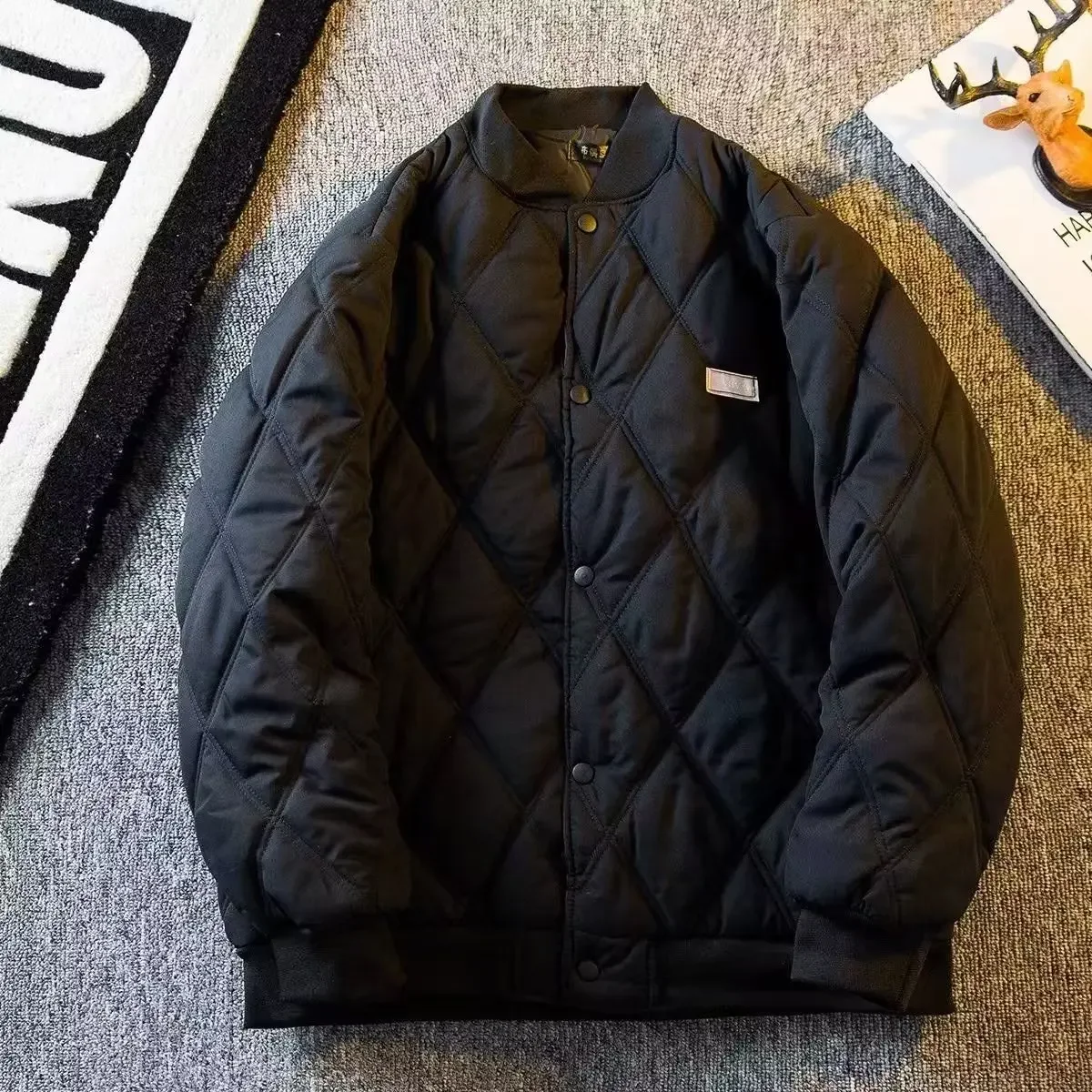 Giacca invernale da uomo in cotone alla moda con motivo a diamanti Cappotto caldo stile baseball casual Capispalla alla moda giapponese retrò