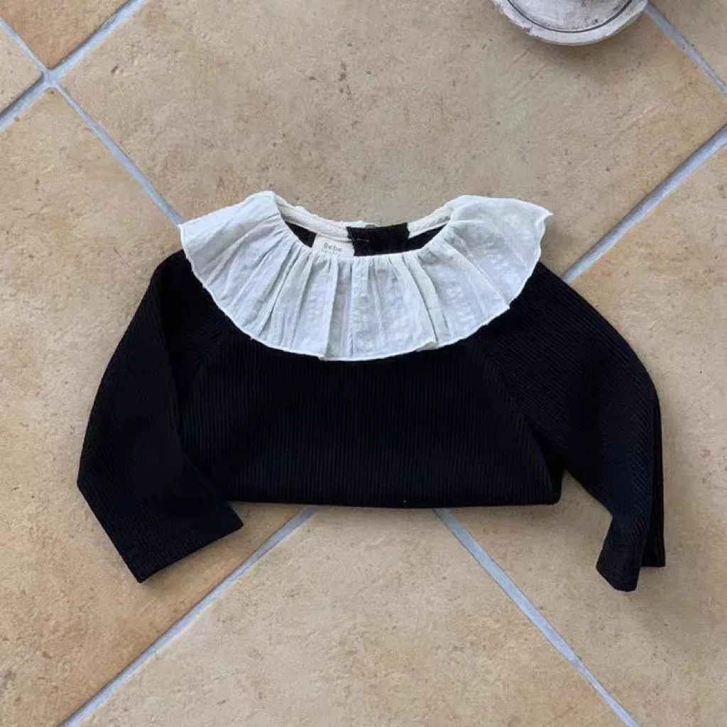 2024 Autumn New Baby Long Sleeve T Shirts Infant Girls Lace Bottoming Shirt Toddler Pit Stripe Tops 0-2Y Baby Girl Clothes