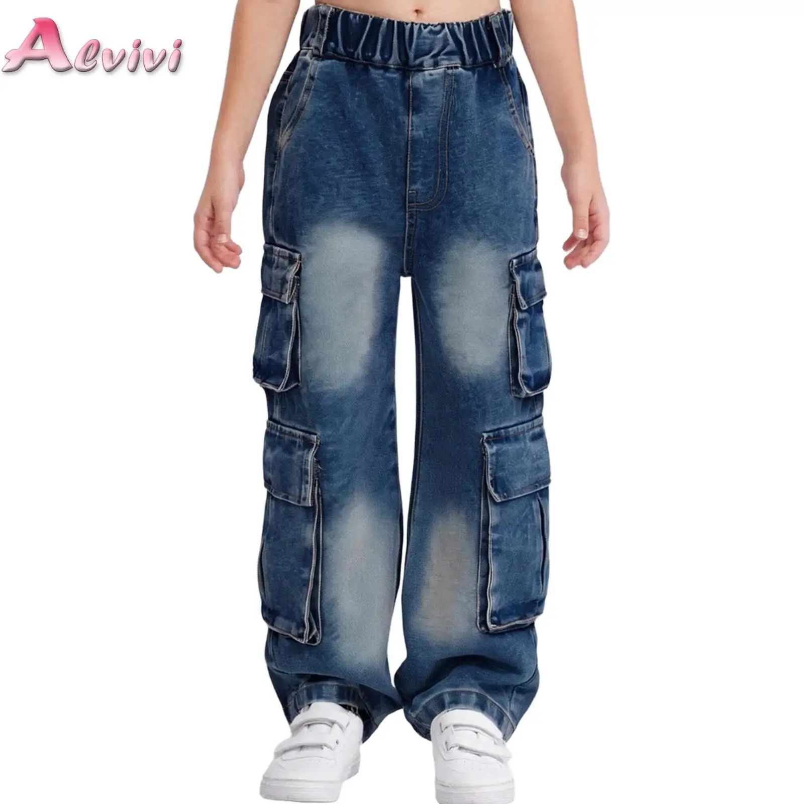 

Kids Vintage Distressed Jeans with Pocket For Girls Y2K Fashion High Street Denim Pants Teens Child Baggy Cargo Jeans Trousers