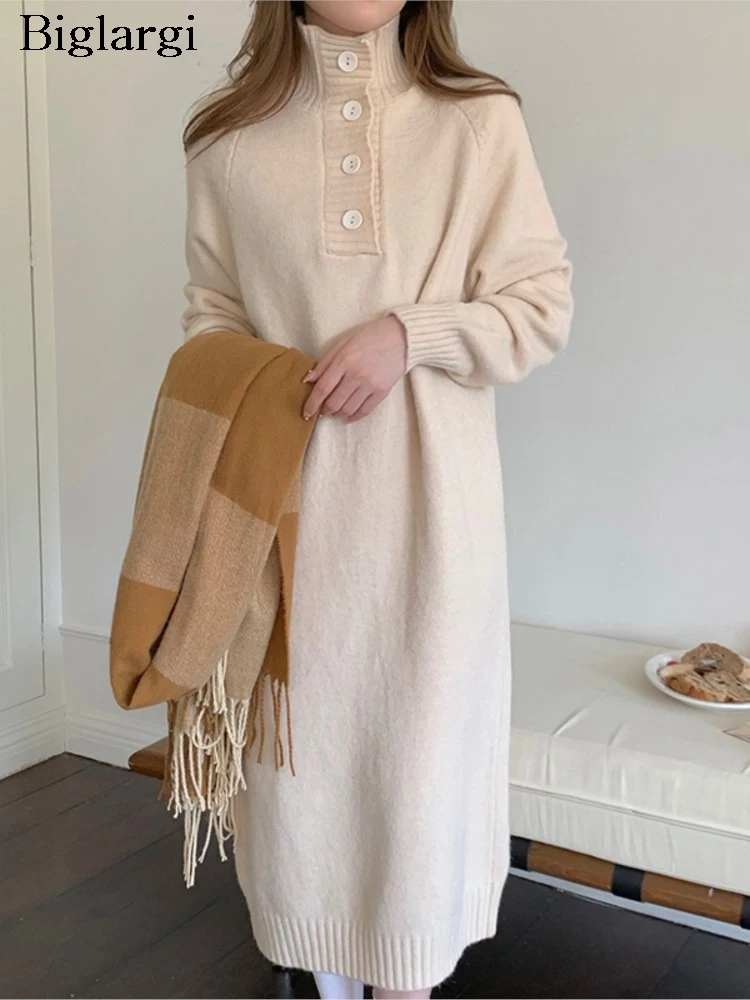 

Knitted Long Autumn Turtleneck Dress Women Korean Style Loose Pleated Fashion Ladies Dresses Long Sleeve Casual Woman Dress