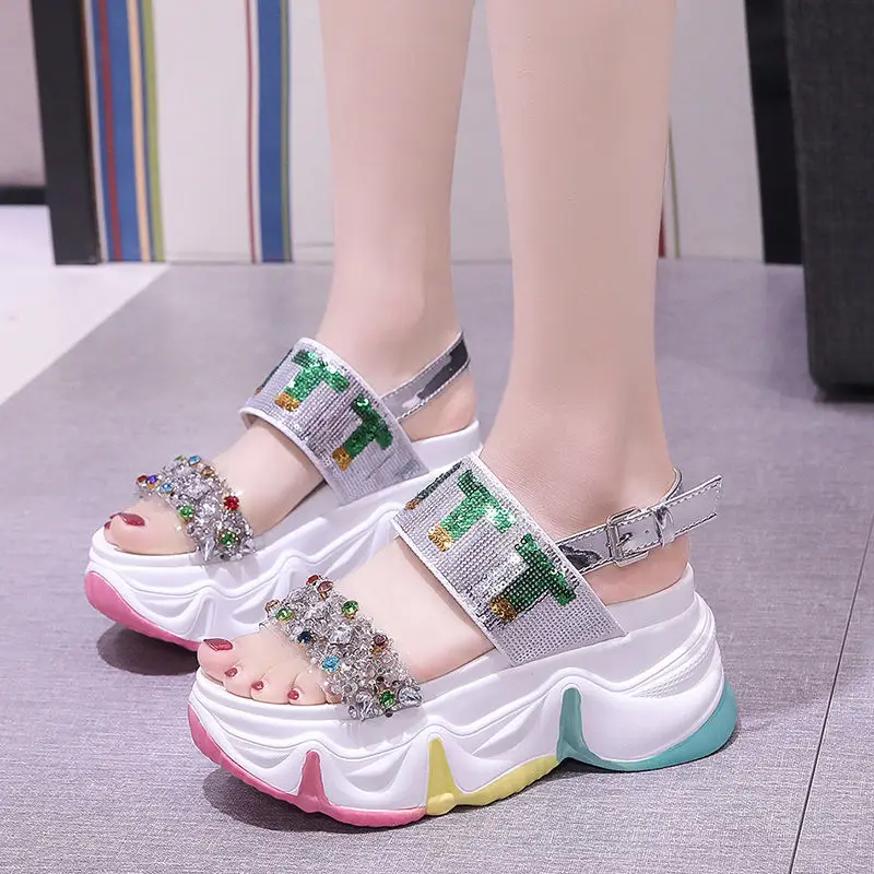 New 2023 Women Summer Wedge Sandals Transparent Crystal Chunky Platform Slippers Shoes Woman Rainbow Thick Bottom Sandalias