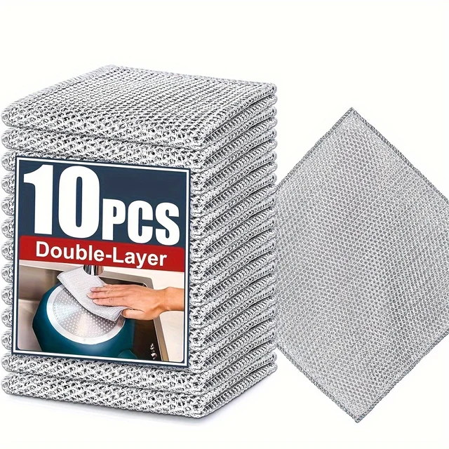 20-5pcs Thickened Steel Wire Cleaning Cloth Non-Scratch Double-layer Iron Microfiber Mesh Dishrag Washing Pot Rags Kitchen Towel 3