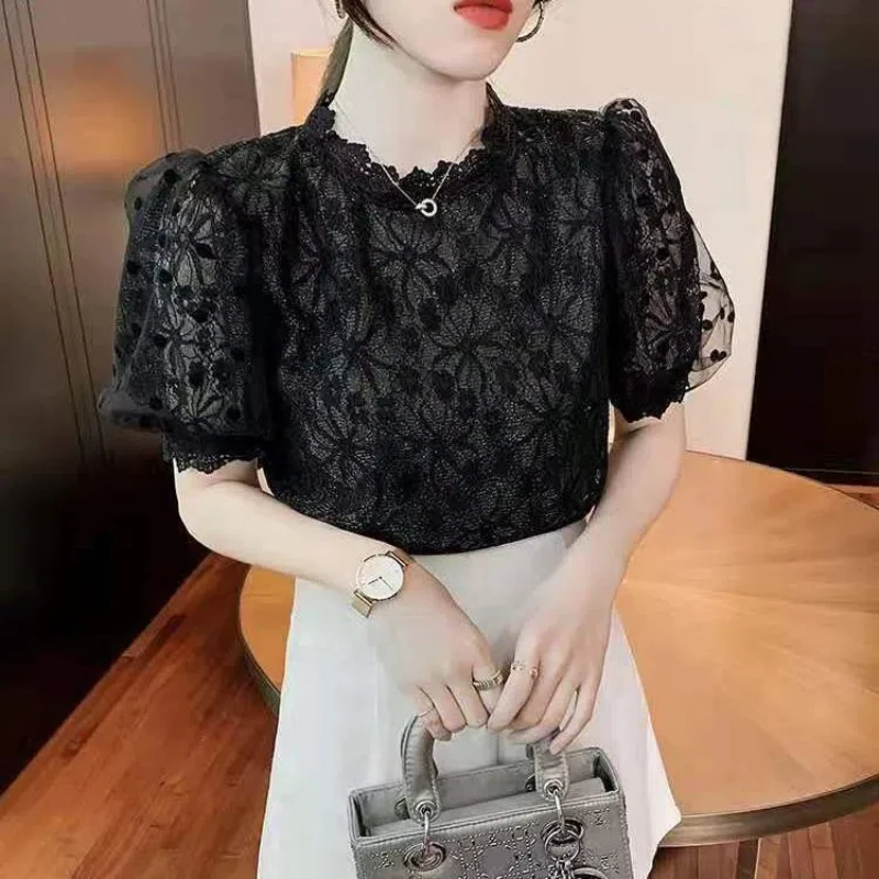 Korean Fashion Summer New Women\'s Solid O-Neck Lace Hollow Out Puff Sleeve Simplicity Versatile Loose Short Sleeve T-Shirts Tops