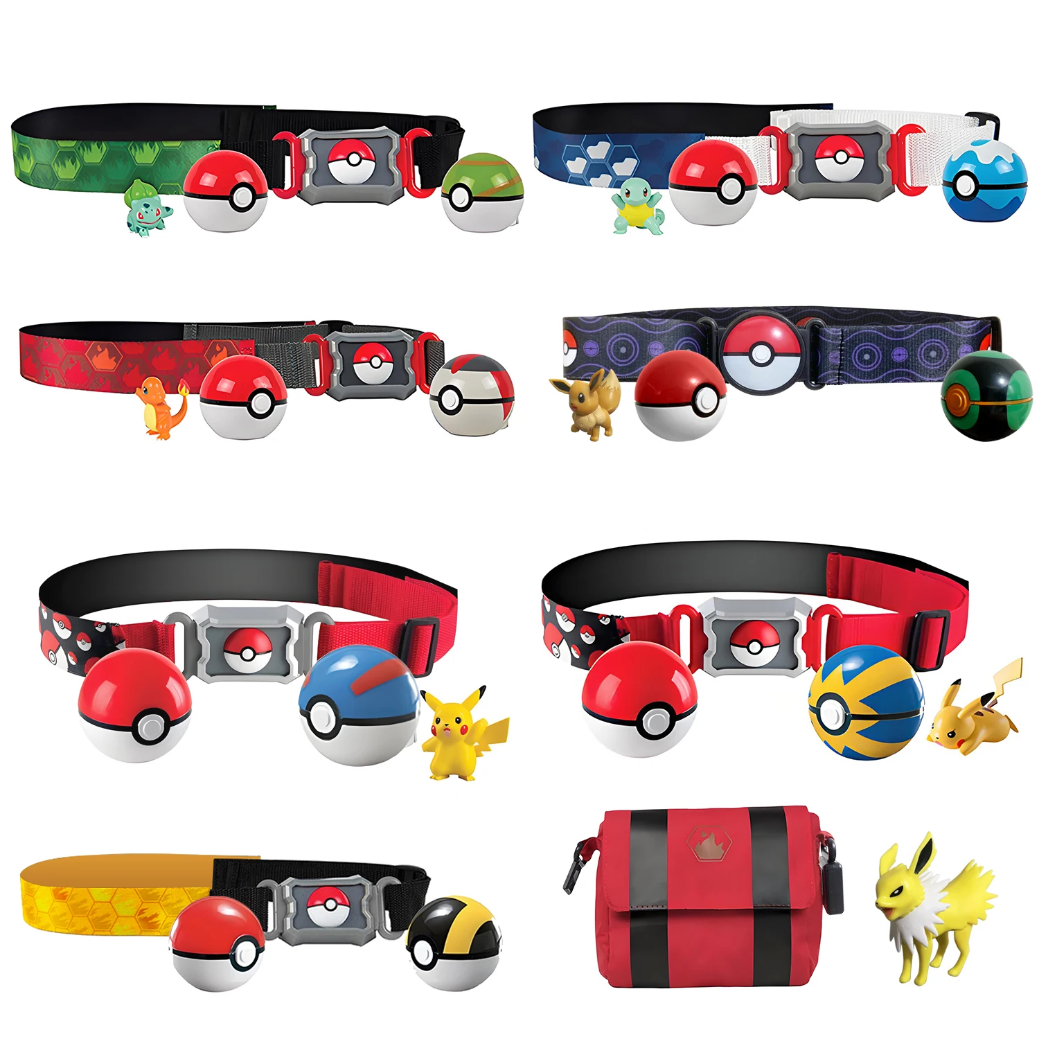 7 estilos de cinturón de Pokémon con bolas, juego de juguetes, Pikachu, Squirtle, Eevee, Pocket Monster, figura de acción, modelo Pokeball, juguete para niños, regalo