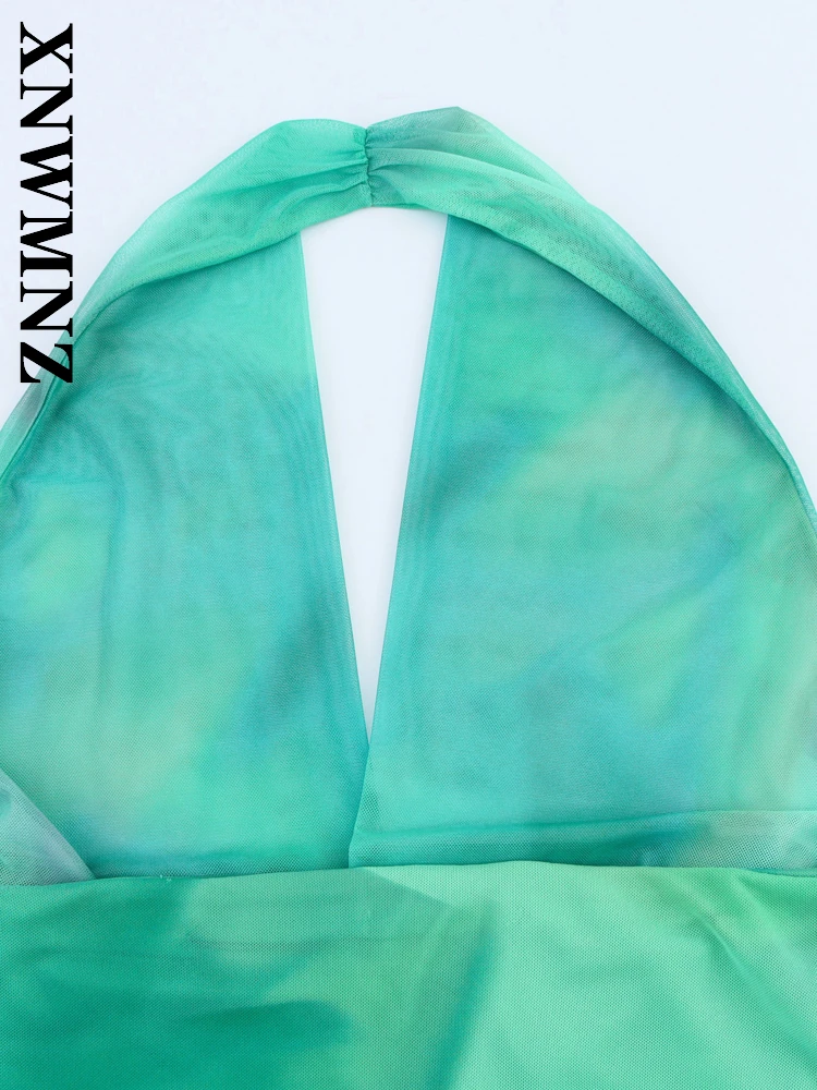 XNWMNZ 2025 Summer Woman Fashion boho Sleeveless Shoulder Backless Tulle long Dresses Sexy Chic Lady Halter Holiday Print Dress
