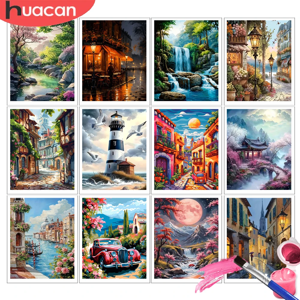 HUACAN Ölgemälde nach Zahlen, Stadtstraßen-Landschaftsbild, personalisierte Geschenke, Haus, Natur, 5D DIY Geschenk, dekorative Gemälde