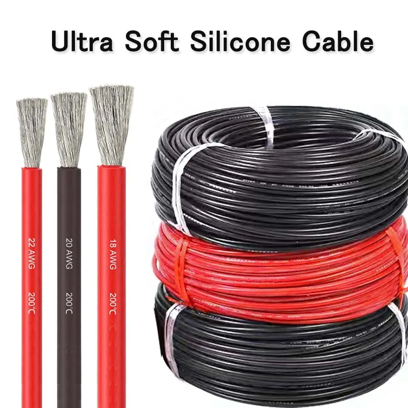 5m 10m 20m 50m Silicone Wire Super Soft Extension Power Cable 12AWG 16AWG 18AWG 20AWG 22AWG Red Black Rubber Copper Connect Line