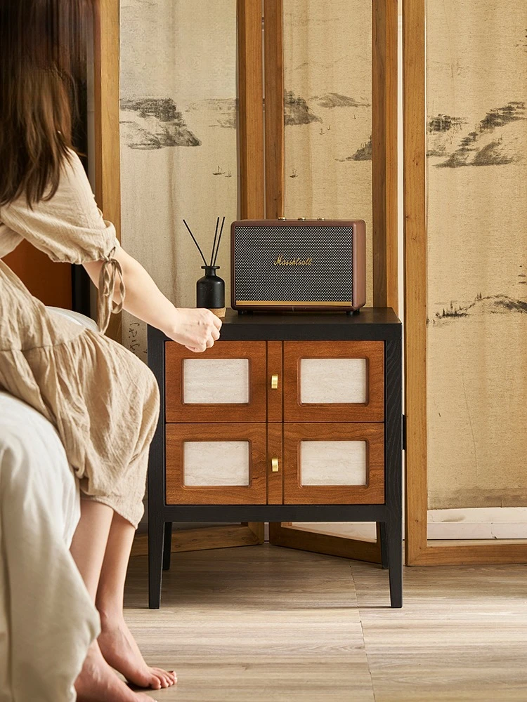 

Solid wood bedside table light luxury high sense small French retro black bedside side cabinet rack