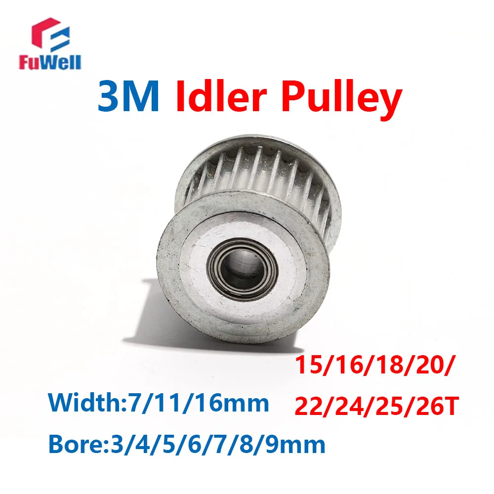 

FuWell 3M 15/16/18/20/22/24/25/26T Teeth Synchronous Idler Timing Pulley Bore 3mm~9mm Width 7/11/16mm Synchronous Pulley Bearing