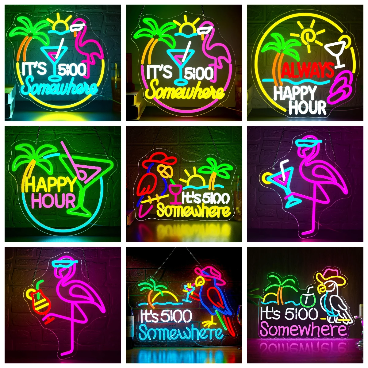 It's 5:00 Somewhere Tropical Neon Sign USB Dimmable LED Neon Light for Beach Tiki Bar Man Cave Party Wall Decor Birthday Gifts