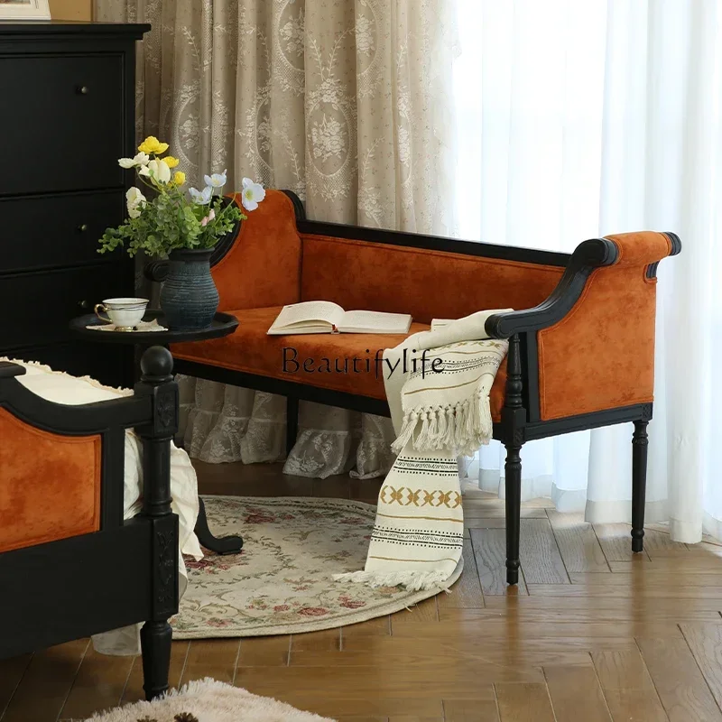 

LXFrench retro solid wood soft bag long bedside stool swan flannel bedroom single