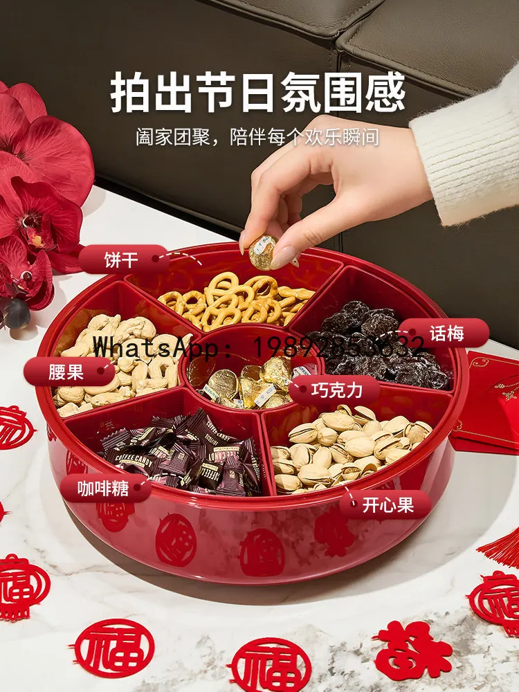 HZ red housewarming fruit plate household living room coffee table rotating New Year's candy box grid sealing nut melon view 3