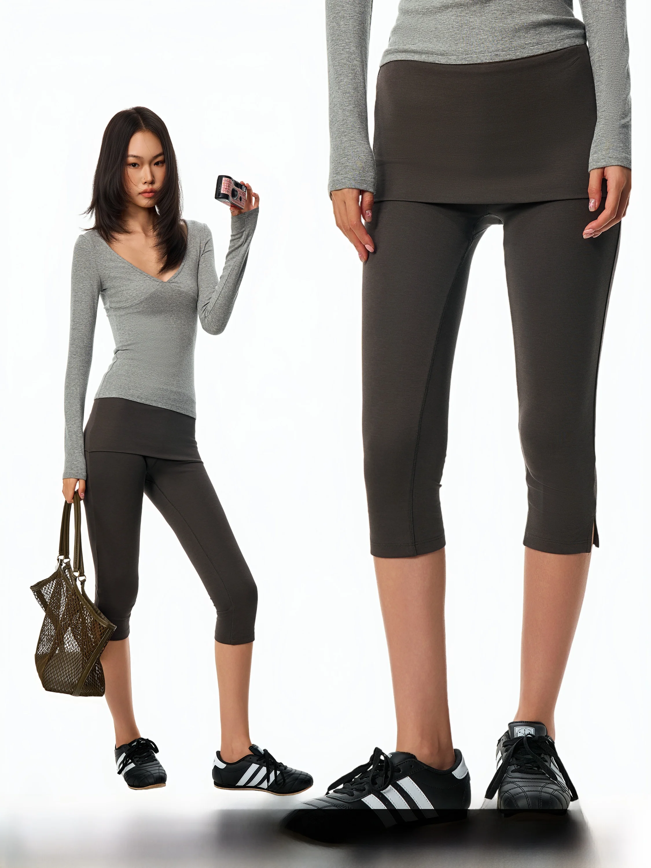 American Style Carbon Grey Elastic Slim Fit Casual Pants Women's Autumn Fashionable Leggings Open Slit Seven-Foot Length