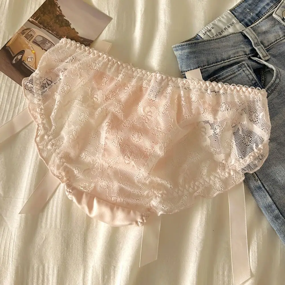 Breathable Solid Color Lace Bow Underwear Ribbon Cotton Crotch Low-Waist Panties Female Lingerie Hollow Out Women Briefs Daily