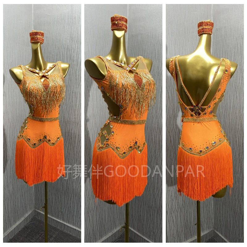 

Платье для латинских танцев, женское платье для латинских танцев, женское платье для соревнований, платье для девочек, костюм для латинских танцев, оранжевый со стразами