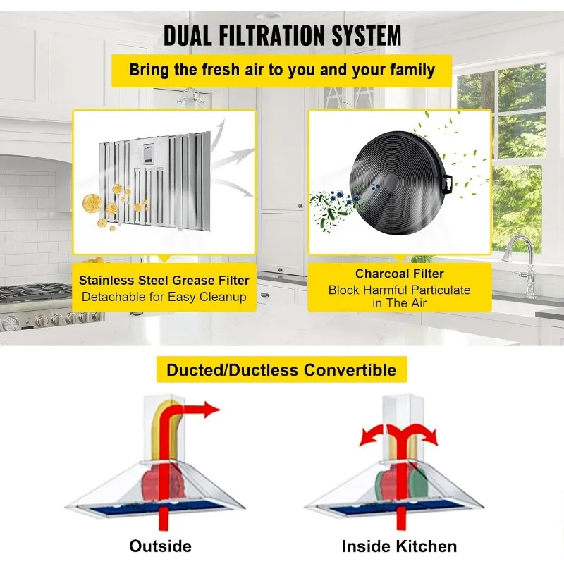 شفاط المطبخ VEVOR، 800CFM 3 سرعات، فتحة مطبخ مدمجة من الفولاذ المقاوم للصدأ مقاس 36 بوصة مع زر ضغط للتحكم في أضواء LED