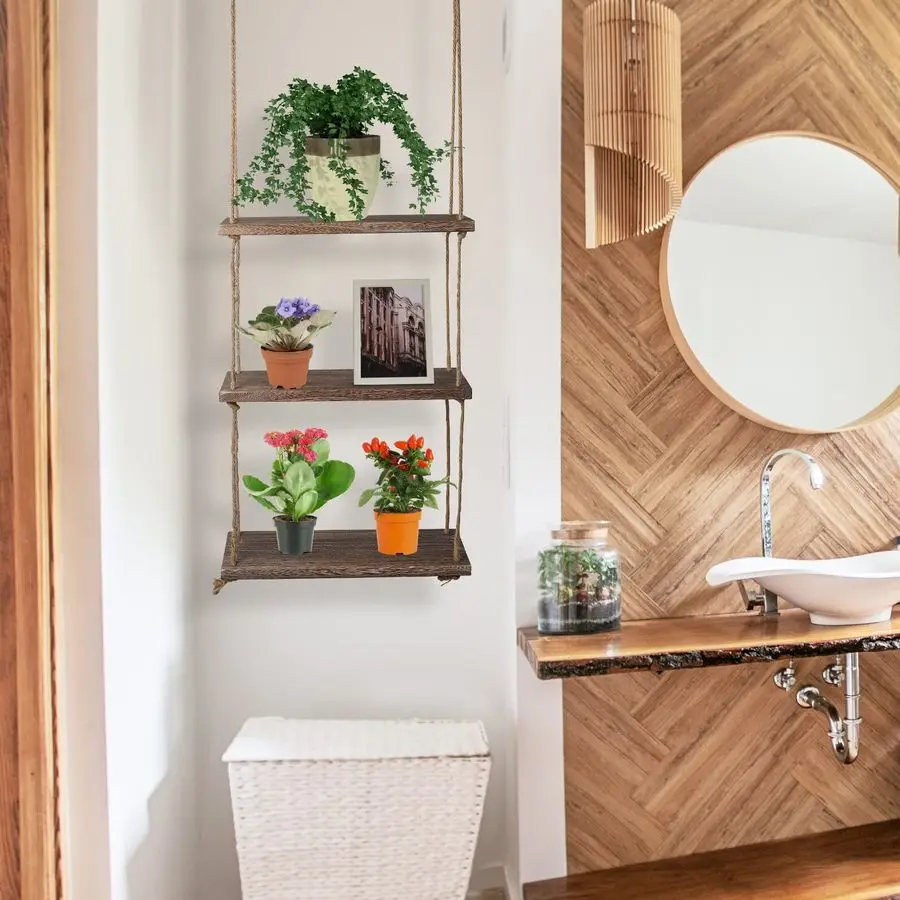 

2 шт. подвесных полок для окна, 3-ярусные деревянные полки в деревенском стиле, настенные полки для фотографий, растений, украшений, подвесные стеллажи