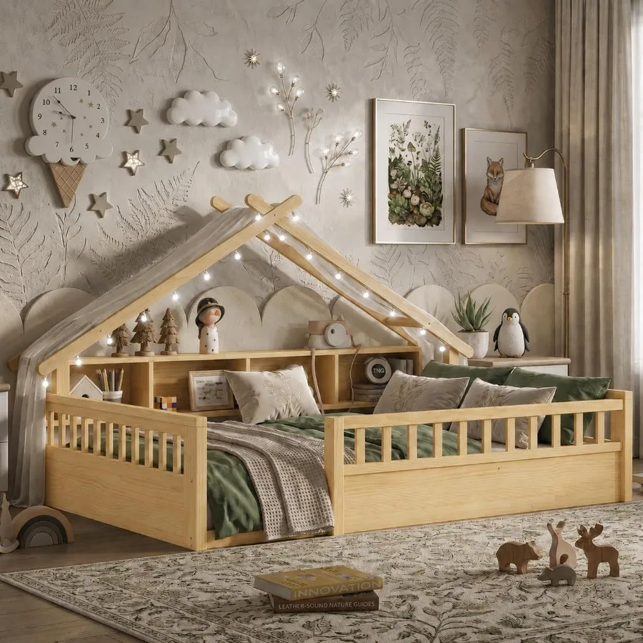 Montessori Floor Bed for:Wooden Roof-Shaped Frame with Built-In Storage, Bookshelves, Integrated Light, High Safety Rails, Low