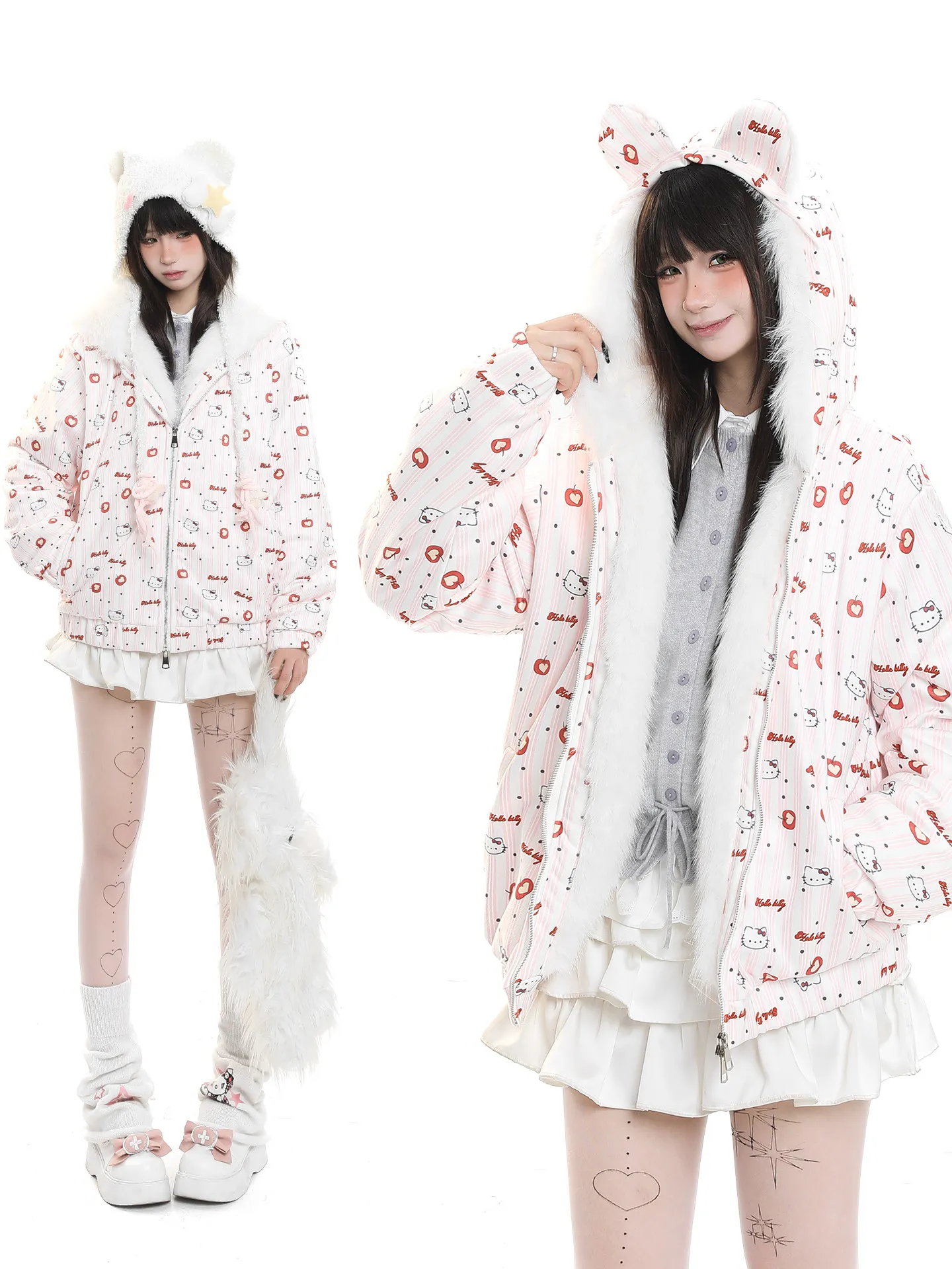 

Sweet Cartoon Print Rabbit Ear Fluffy Cotton Jaet Women's Winter New Loose Thi Warm Cotton Coat Outerwear