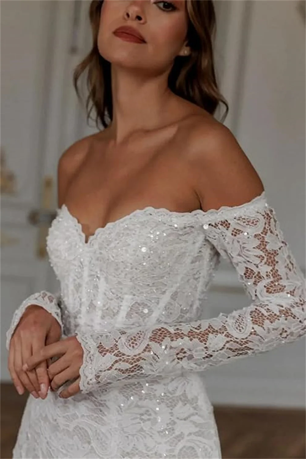 Amanda White Long Sleeve Wedding Dress Sweet Lace vestidos de noche Elegant Mini Floral Embroidery Formal Evening 2025