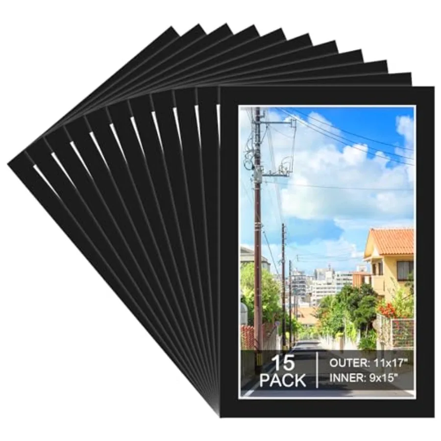 15 Pack 11x17 Black Picture Mats, Frame Mattes for 9x15 Pictures Photo Frame Mat Core Bevel Cut Mat Board Show Kit for Photos,