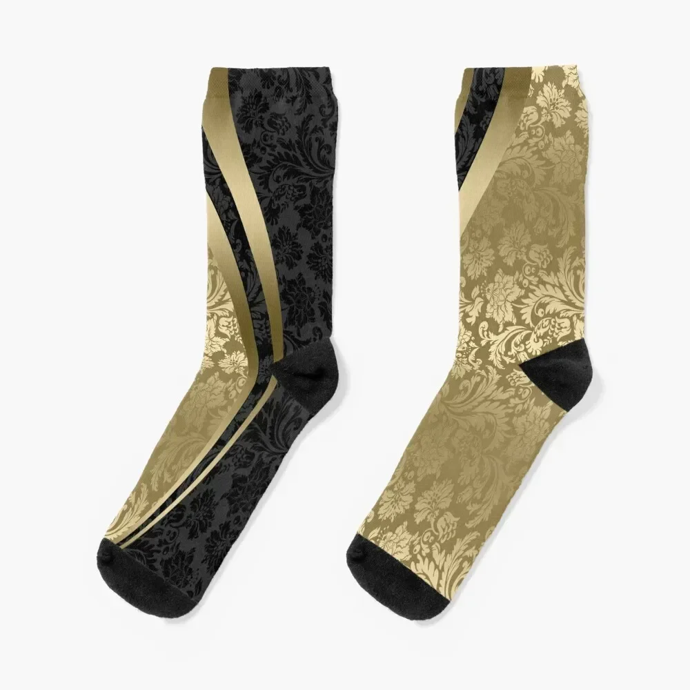 Black And Gold Damasks And geometric Stripes Socks hiking soccer anti-slip gym Women's Socks Men's