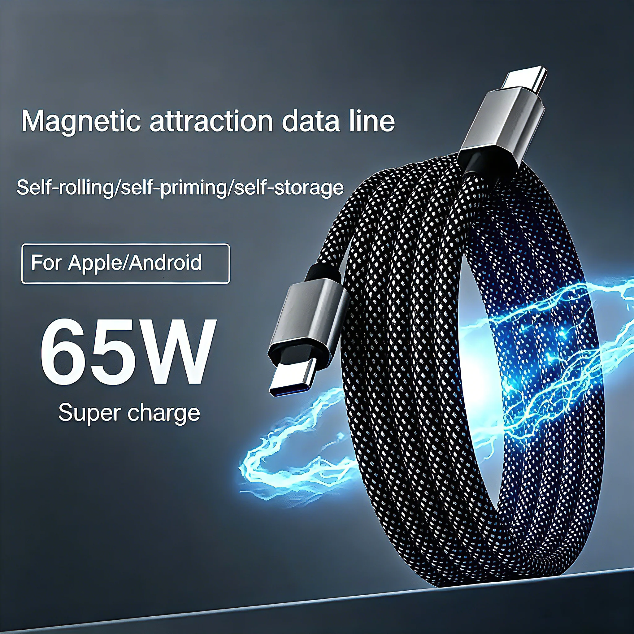 65W Type C to Type C Magnetic Suction Anti Winding Fast Charging Cable 1M USB Phone Data Charge Cable for iPhone Samsung Huawei