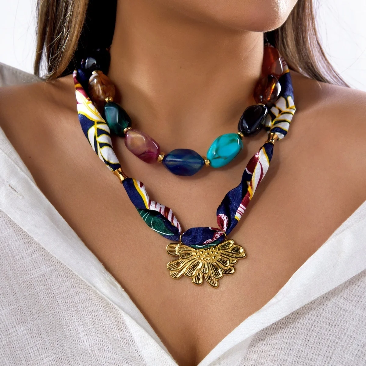 Botanical Printed Navy Scarf Ribbon Stainless Steel Embossed Flower Necklace For Women Irregular Acrylic Beaded Choker Jewelry