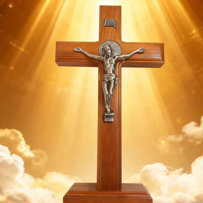 Neues katholisches Holzkreuz mit Sockel 2026 – Beten Sie für Ihre Familie und Ihr Zuhause – Handgehaltene religiöse Gedenkstatue von Jesus auf Sockel – Geschenk – Detail 2