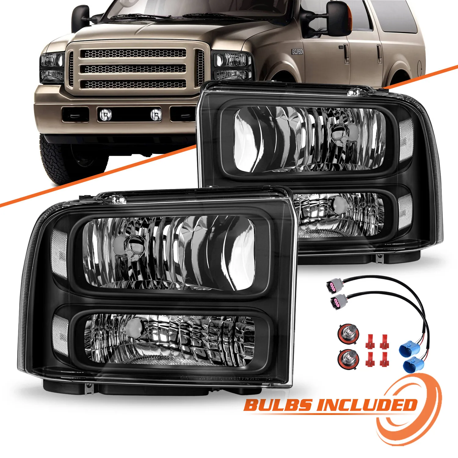 

For 1999-2004 Ford F250 Ford Super Duty Excursion Conversion Headlights w/ Bulbs