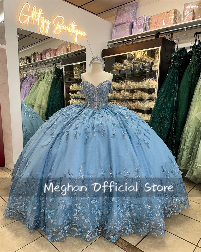 Vestido azul con hombros descubiertos y flores 3D para quinceañeras, vestido de baile con apliques de cuentas, vestido de lujo para cumpleaños de 2025, vestido Formal escalonado personalizado