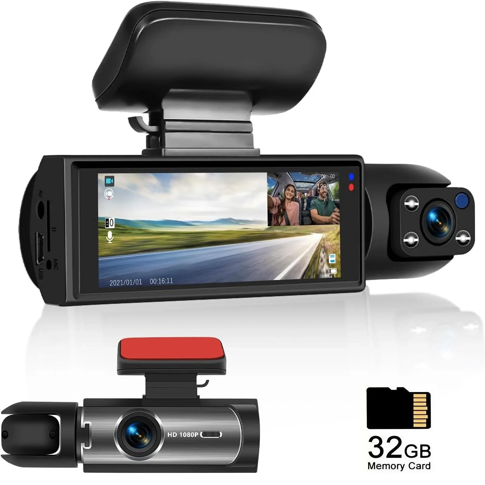 Câmera Veicular 1080P com Lentes Duplas Frontal e Traseira, Gravador de Condução com Visão Noturna, Sensor G e Tela IPS de 3,16 Polegadas