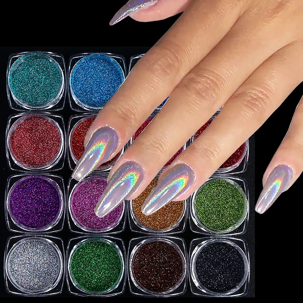 Poudre de paillettes holographiques pour ongles, ensemble de pigments argentés chromés, gel, vernis, coulée, poussière de frottement, matériaux de manucure LEBL01-16, 16 pièces