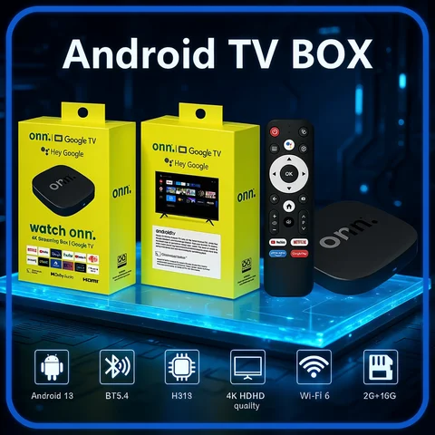 Onn 4K Android 13 Smart TV Box 4K Quad Core Set-Top Box 5G Connectivity 2GB RAM Voice Remote for Streaming Media Player