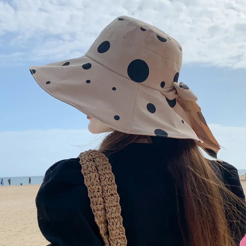 Korean summer women's anti-ultraviolet fisherman hat, fashionable dotted print, foldable bucket hat, outdoor travel beach hat