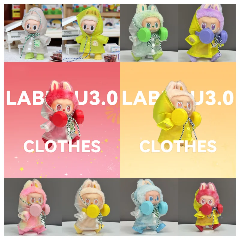 

17cm Labubu Clothes Raincoat Headphones Boots Costume Set Hat Shoes Doll Diy Accessories Training Sitting Party Games Toys Gifts