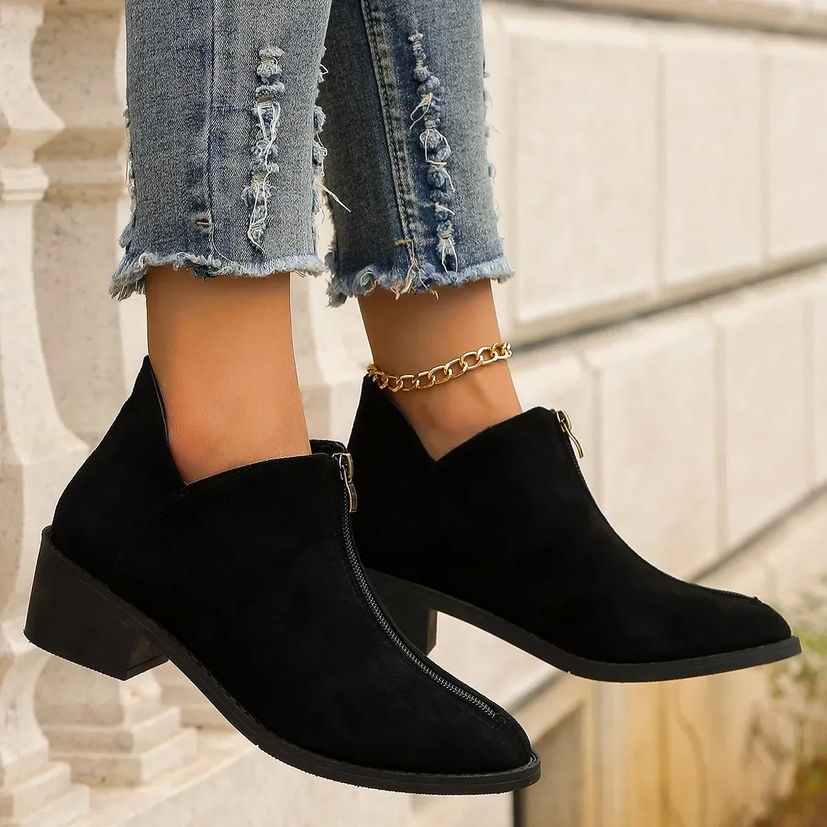 Autumn/Winter New Trade Women's Single Boot Large Leopard Print Front Zipper Square Heel Short Boots Zapatillas Muje Plus Size42