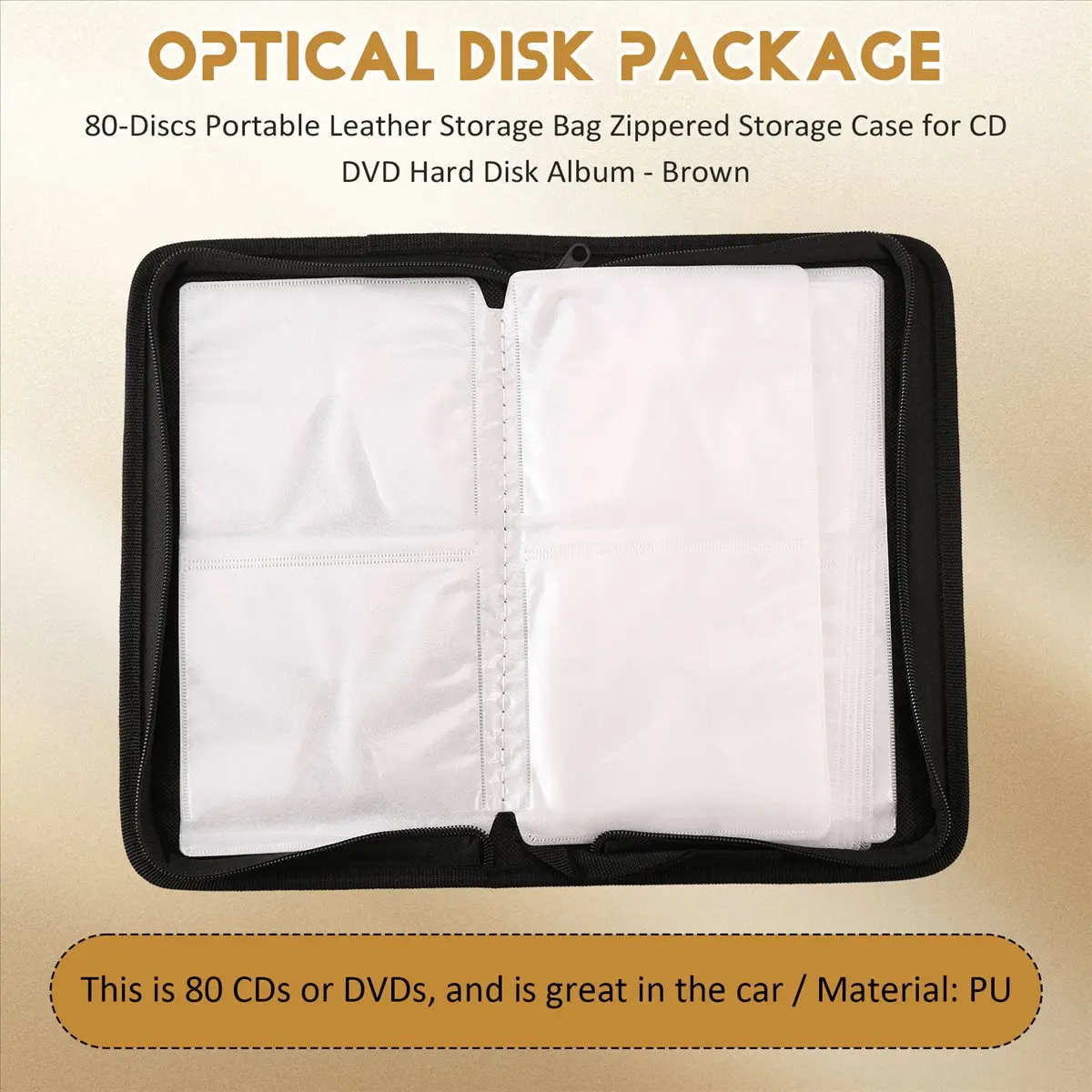 ABQR Borsa portaoggetti portatile in pelle da 80 dischi Custodia con cerniera per album di dischi rigidi CD DVD - Marrone